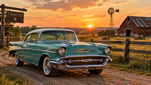 Een turquoise Chevrolet uit de jaren vijftig op een landweggetje bij zonsondergang, met een oude rode schuur en een windmolen op de achtergrond